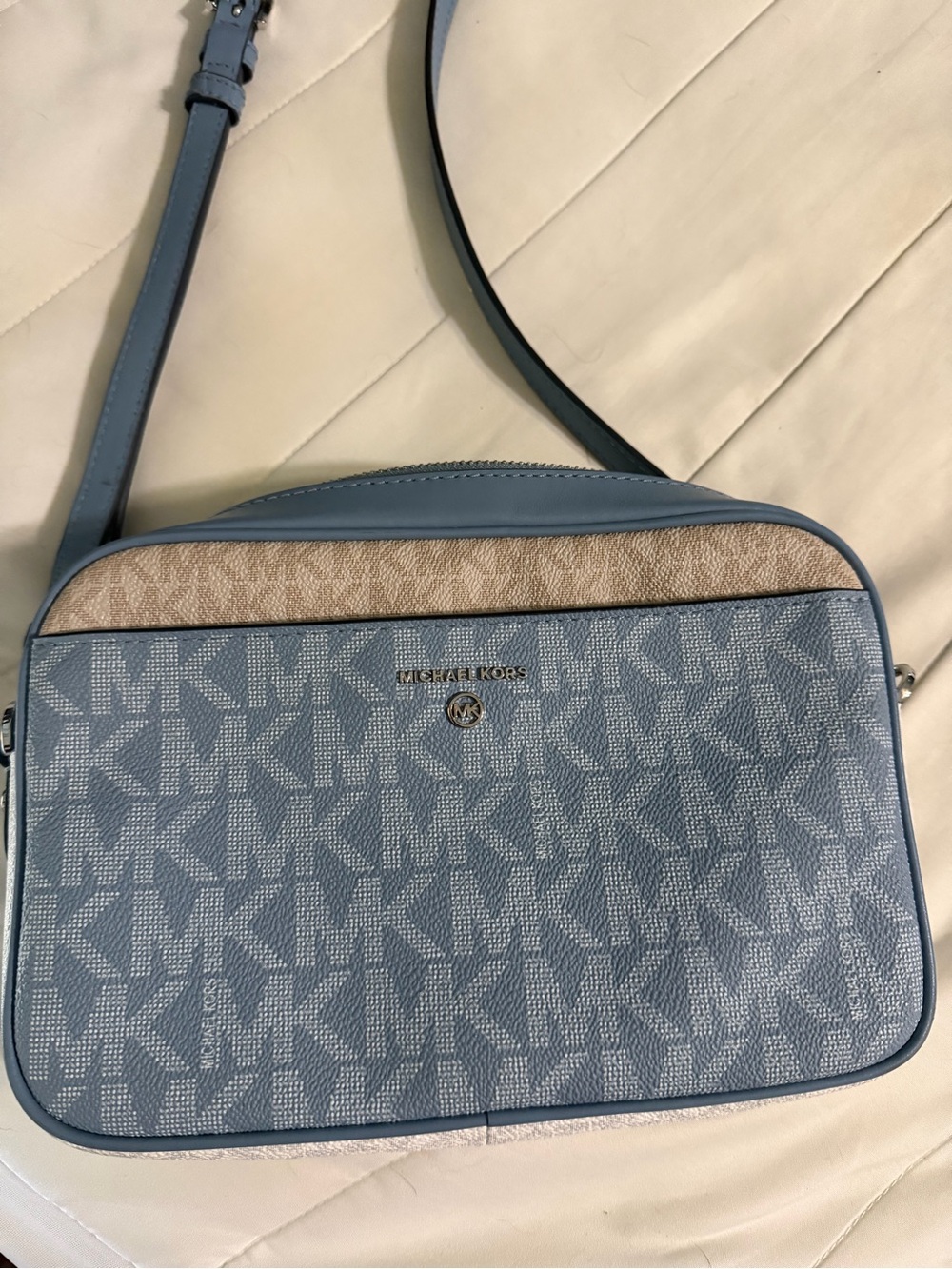 Michael Kors Dusty Blue and Beige MK Logo Crossbody
